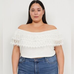 Boho Lace trimmed off the shoulder Knit Top